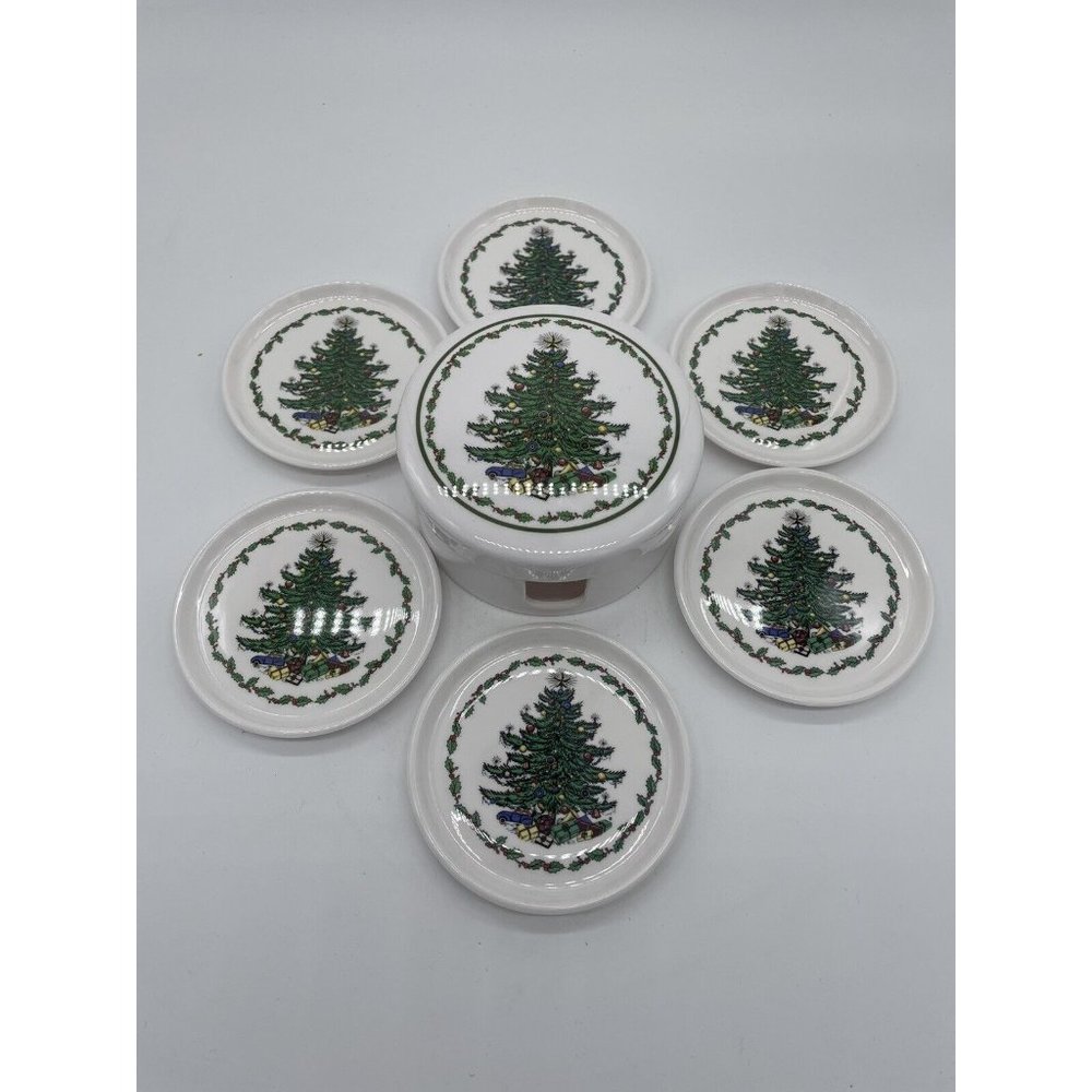 Vintage Christmas Tree Design Set of 6 Plastic 4" Coasters with Matching Caddy
